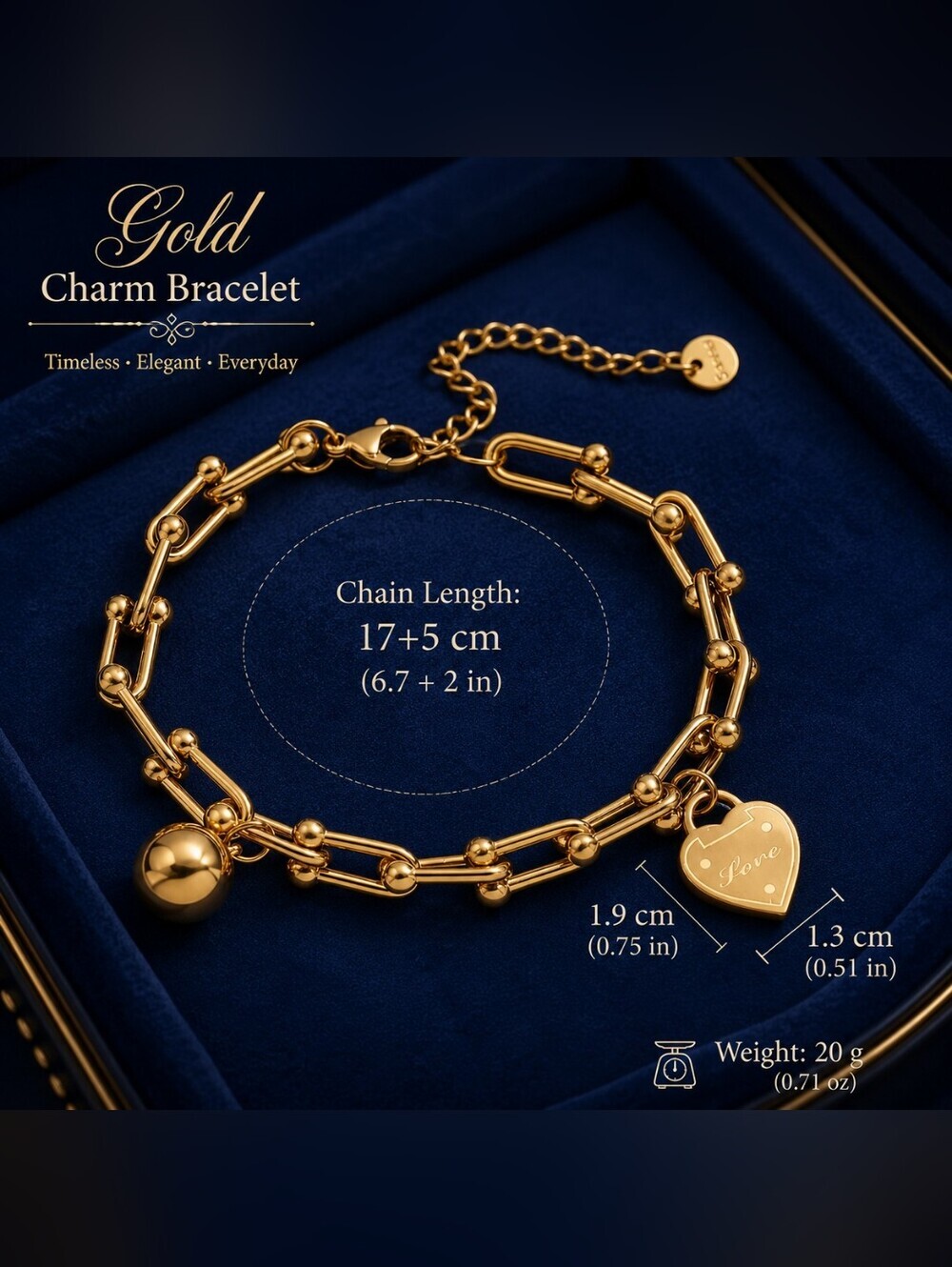 Gold Heart Charm Link Bracelet